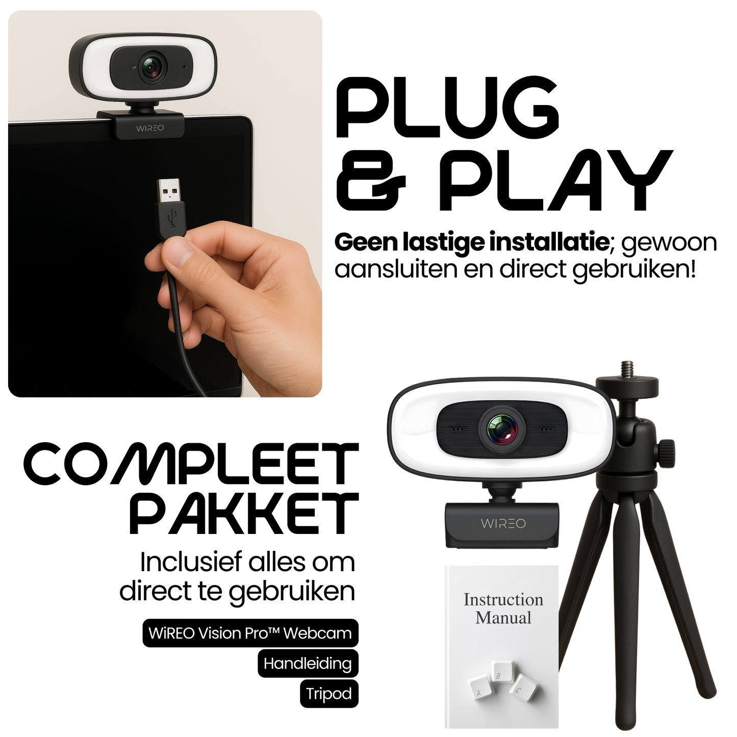 Webcam WiREO Vision Pro™ con luce anulare - 4K Full HD - Plug & Play - Microfono integrato